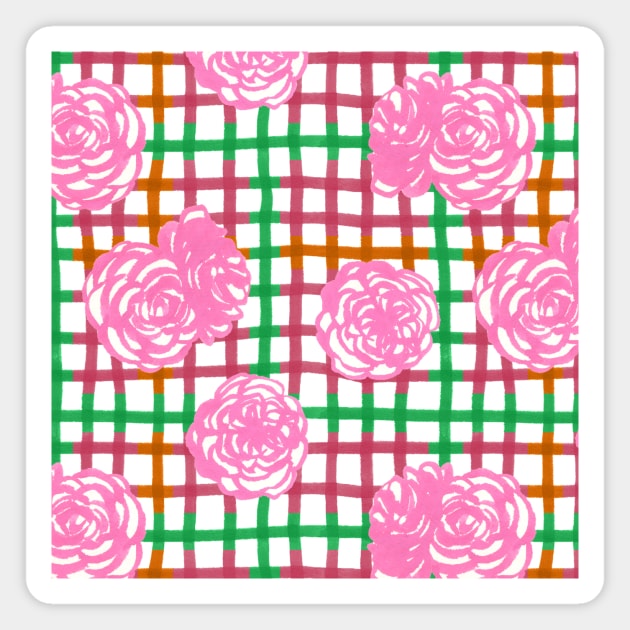 Roses on Plaid Pattern - Green, Pink Magnet by MitaDreamDesign